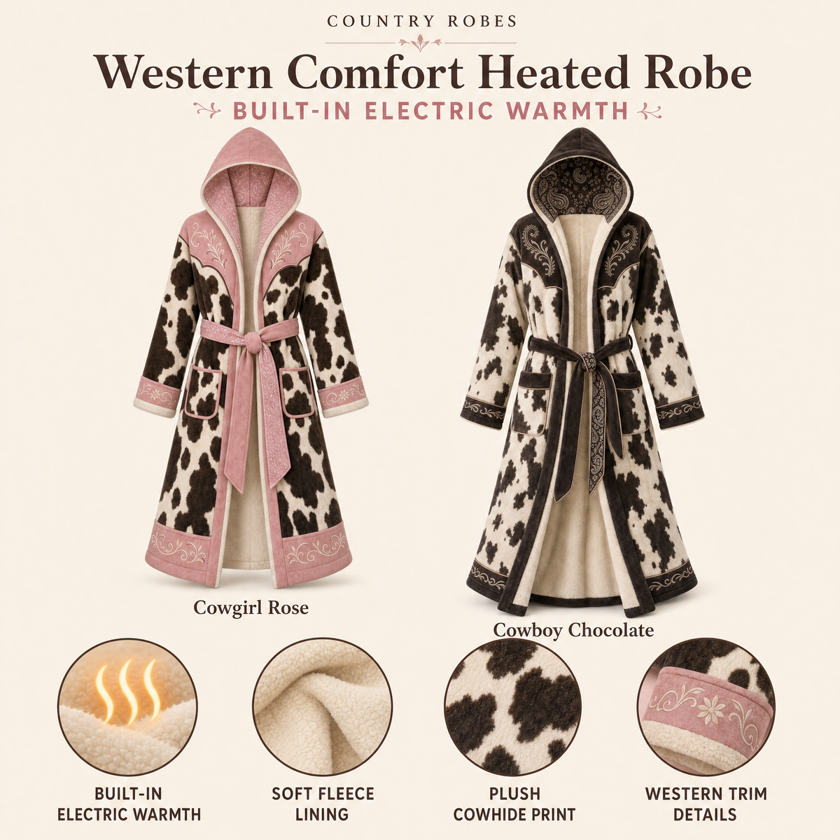 Country Robes — electric warmth, soft lining, cowhide print and western trim